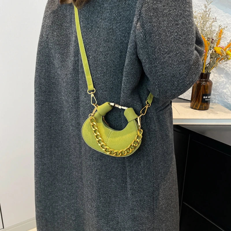 Leather Shoulder Bag with Gold Chain Strap and Adjustable Shoulder Strap