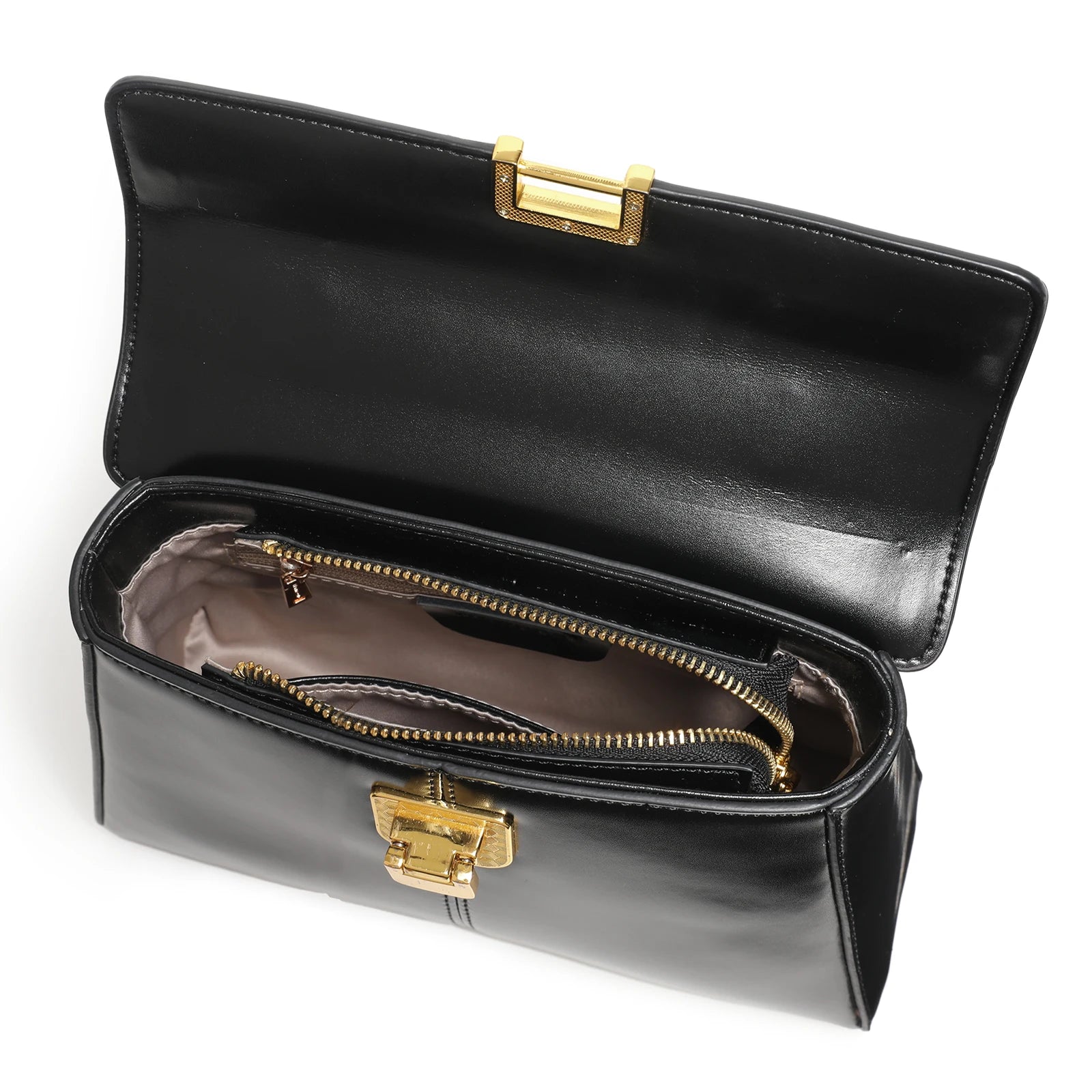 Genuine Leather Handbag with Gold Lock and Adjustable Strap
