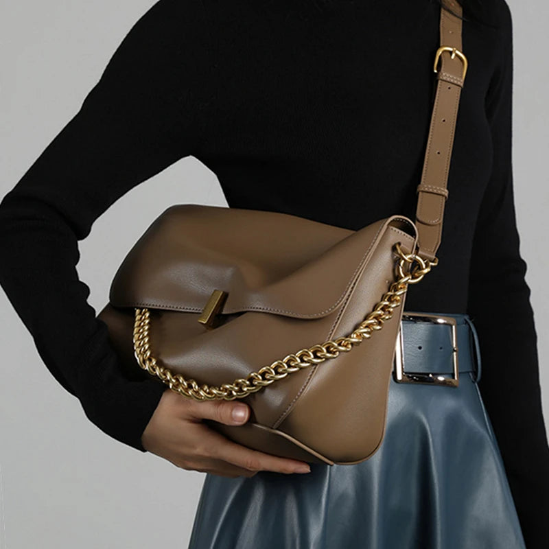 Brown Genuine Leather Shoulder Bag with Gold Chain Strap and Magnetic Closure