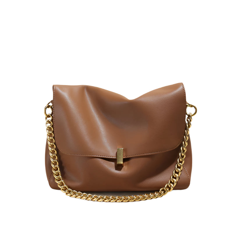 Brown Genuine Leather Shoulder Bag with Gold Chain Strap and Magnetic Closure
