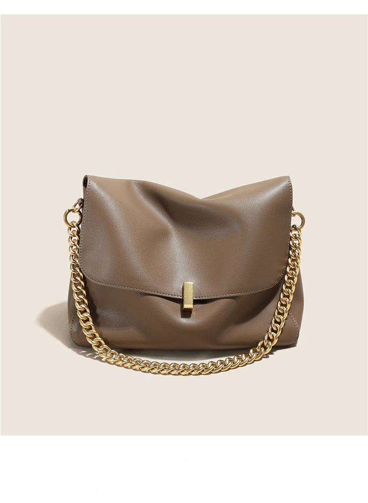 Brown Genuine Leather Shoulder Bag with Gold Chain Strap and Magnetic Closure