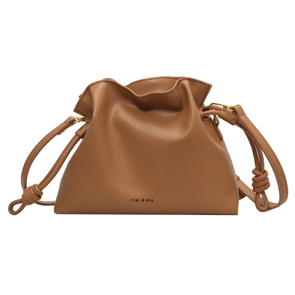 Leather Drawstring Shoulder Bag with Gold Hardware