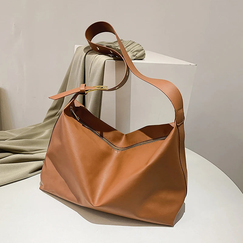 Leather Hobo Bag with Zipper and Gold Accents