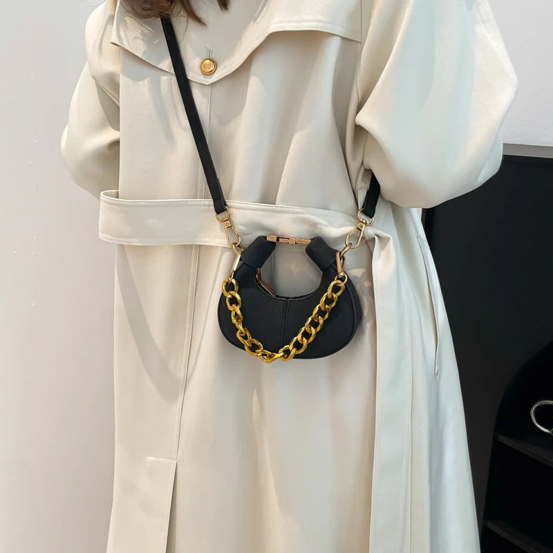 Leather Shoulder Bag with Gold Chain Strap and Adjustable Shoulder Strap