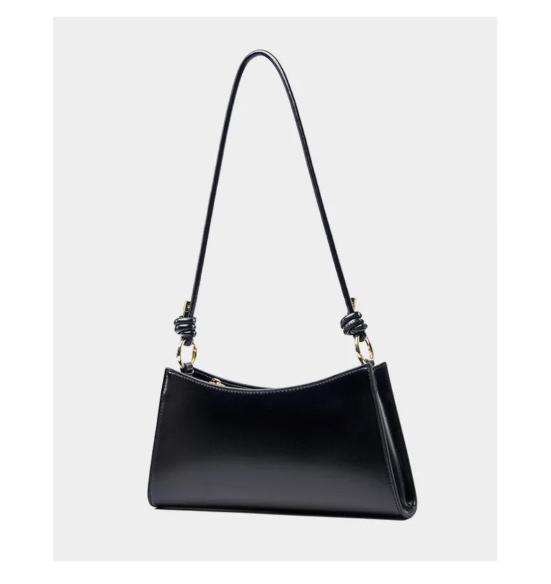 Genuine Leather Handbag with Knotted Strap and Gold Hardware