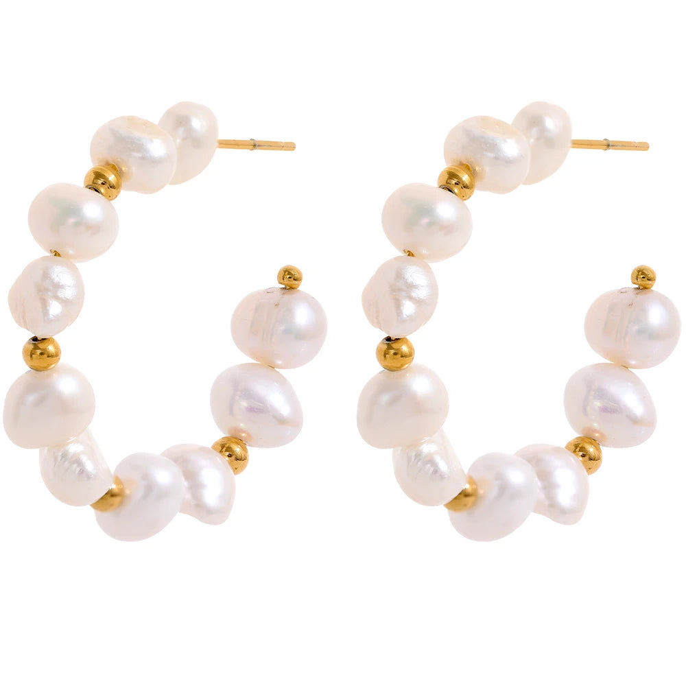 18K Gold-Plated Stainless Steel Hoop Earrings with Natural Pearls