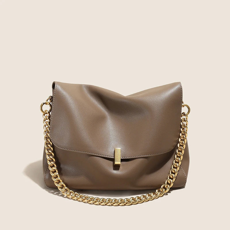 Brown Genuine Leather Shoulder Bag with Gold Chain Strap and Magnetic Closure