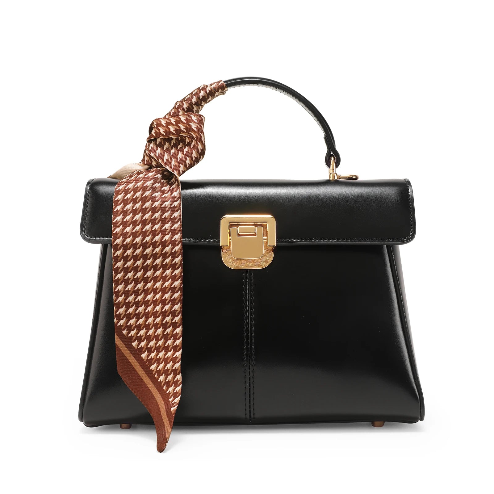 Genuine Leather Handbag with Gold Lock and Adjustable Strap