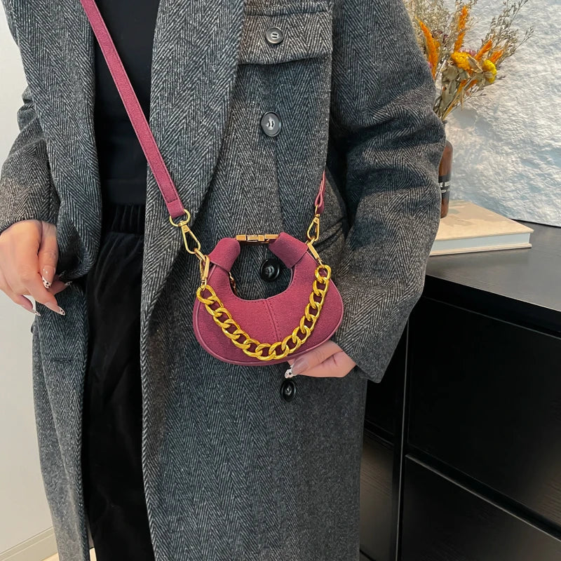 Leather Shoulder Bag with Gold Chain Strap and Adjustable Shoulder Strap