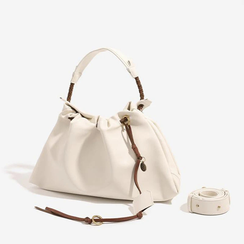 White Leather Bucket Bag with Braided Handle and Adjustable Strap