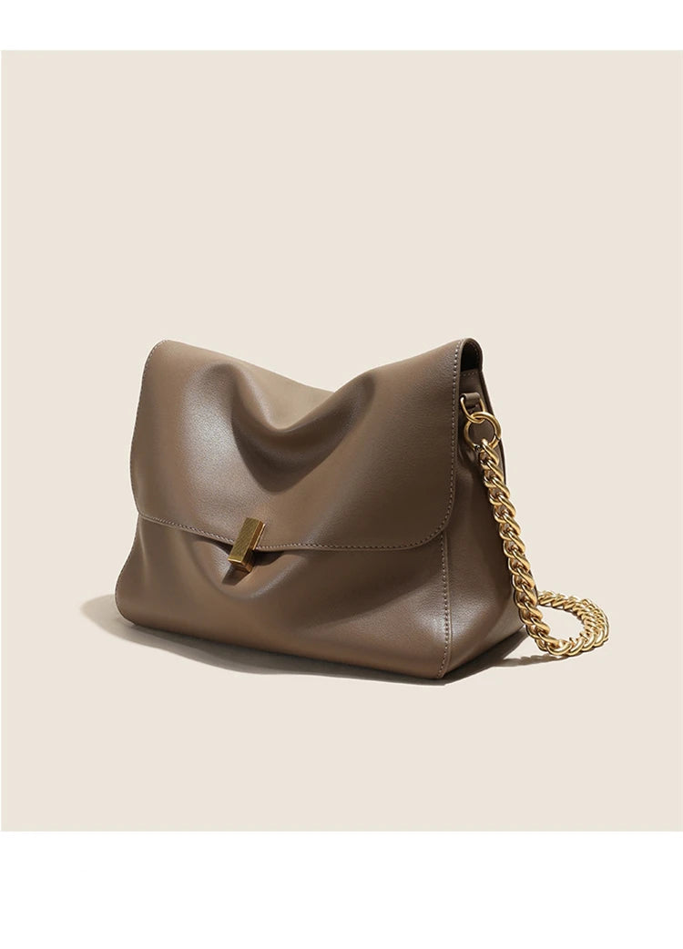 Brown Genuine Leather Shoulder Bag with Gold Chain Strap and Magnetic Closure