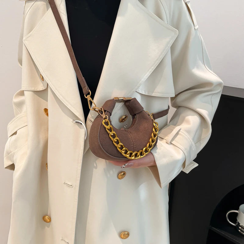Leather Shoulder Bag with Gold Chain Strap and Adjustable Shoulder Strap