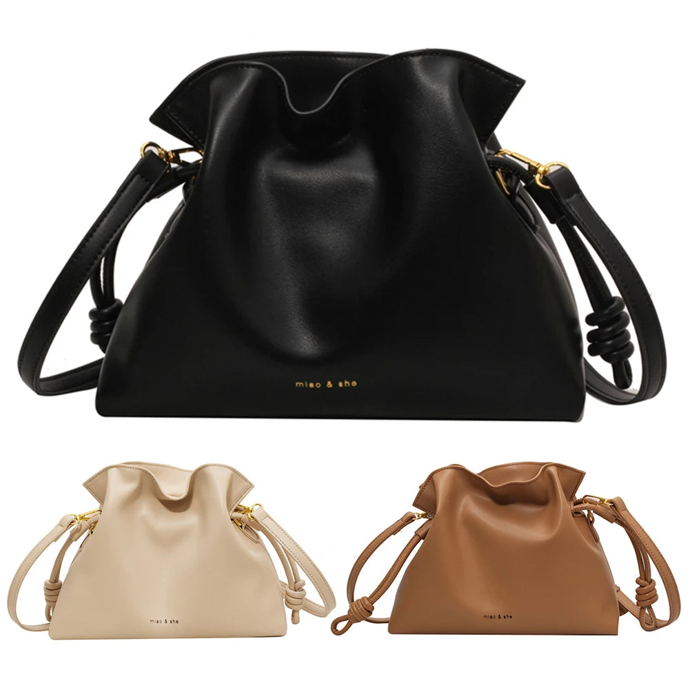 Leather Drawstring Shoulder Bag with Gold Hardware