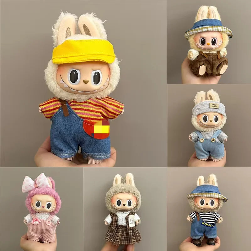 Collage of various small plush toys with different outfits on a neutral background