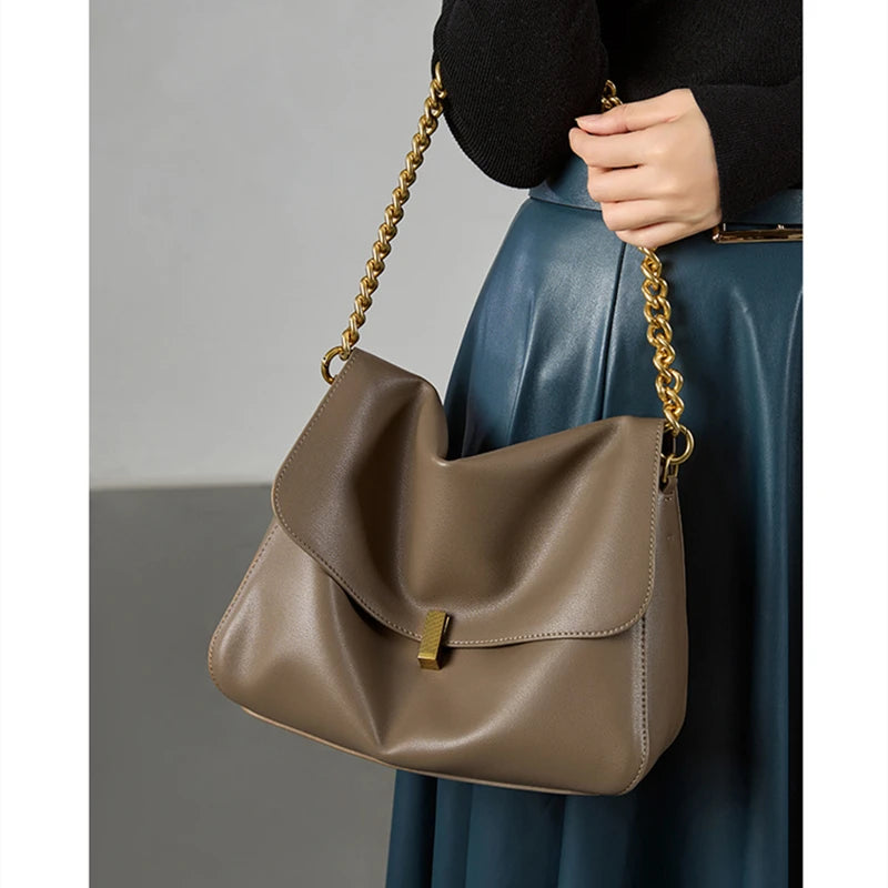 Brown Genuine Leather Shoulder Bag with Gold Chain Strap and Magnetic Closure