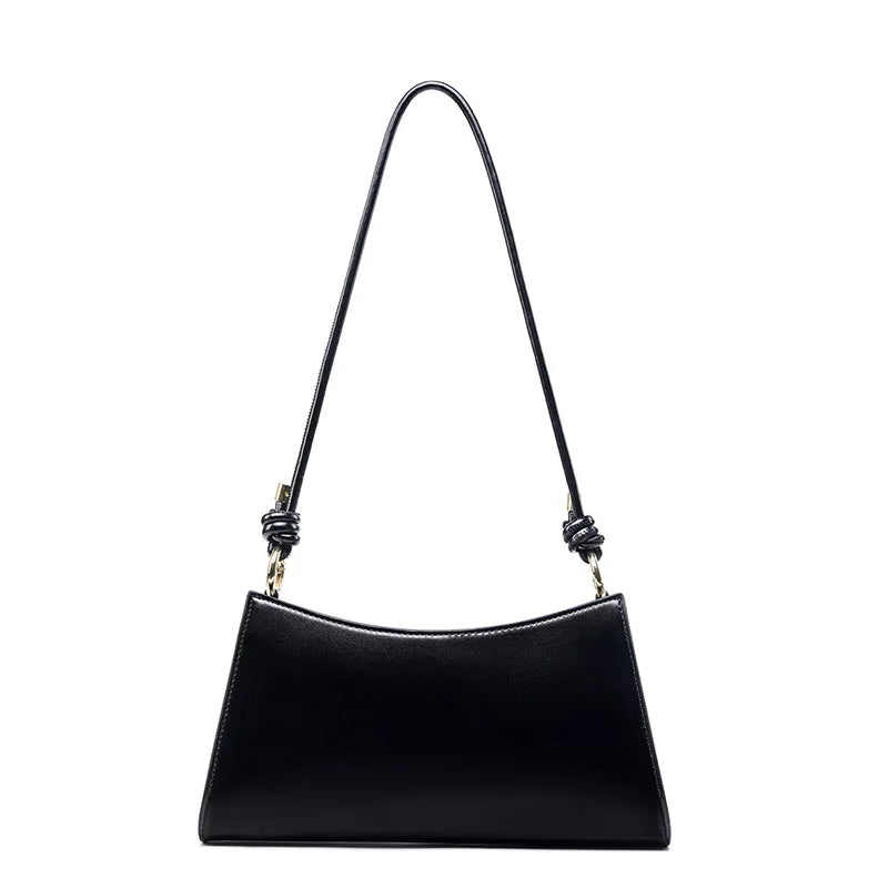 Genuine Leather Handbag with Knotted Strap and Gold Hardware