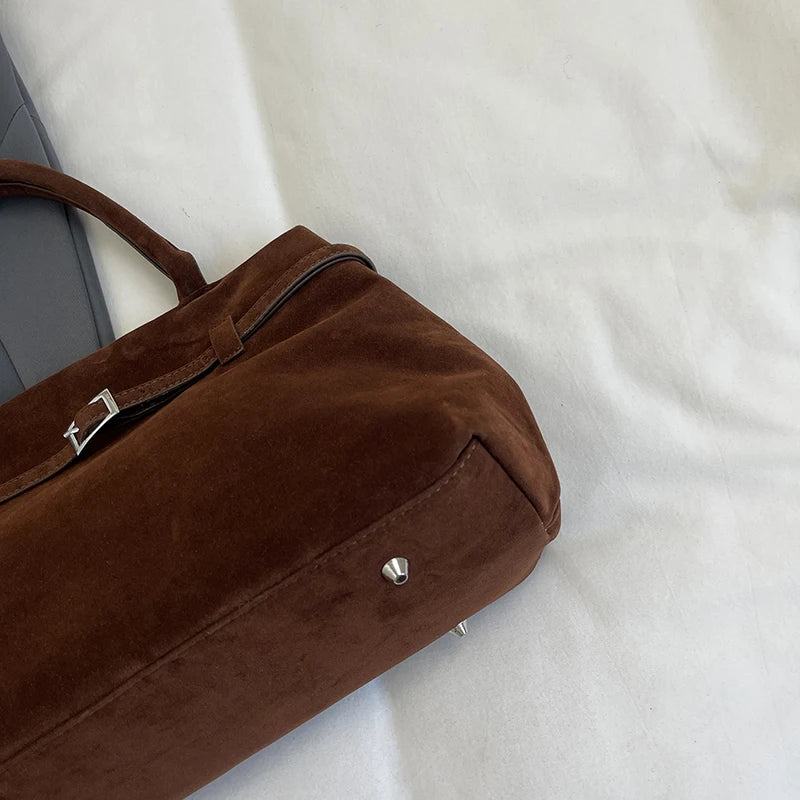 Suede Tote Bag with Leather Strap and Belt Detail with Silver-tone Hardware