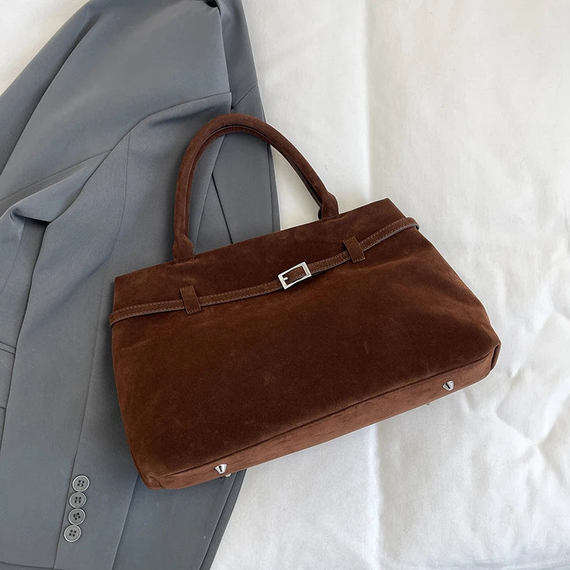 Suede Tote Bag with Leather Strap and Belt Detail with Silver-tone Hardware