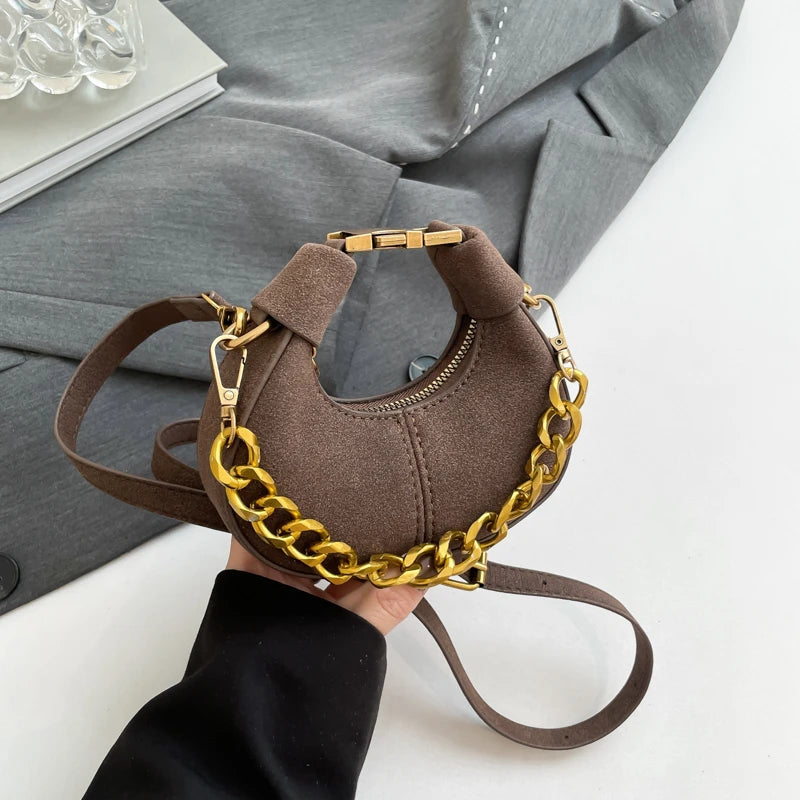 Leather Shoulder Bag with Gold Chain Strap and Adjustable Shoulder Strap