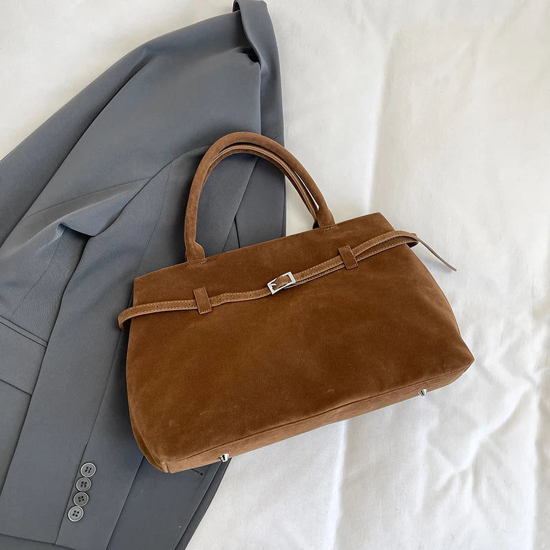 Suede Tote Bag with Leather Strap and Belt Detail with Silver-tone Hardware