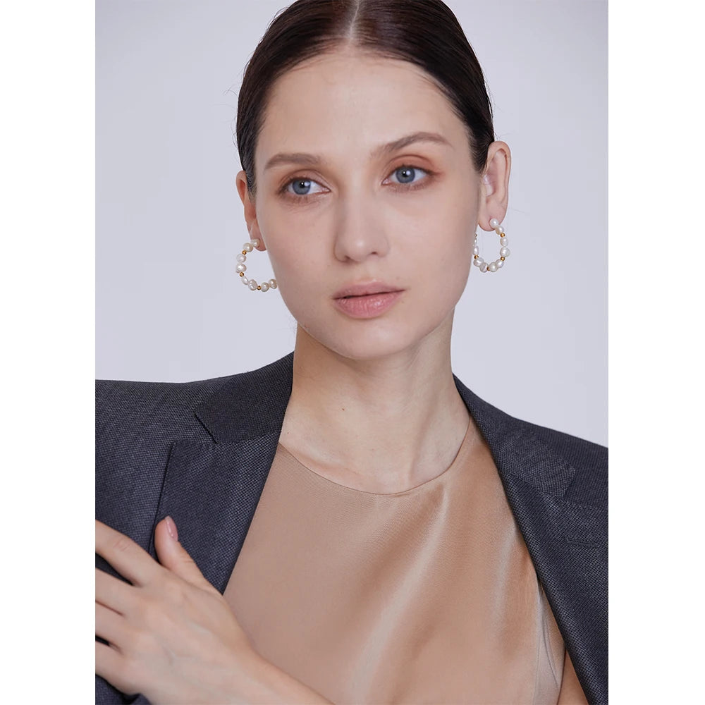 18K Gold-Plated Stainless Steel Hoop Earrings with Natural Pearls