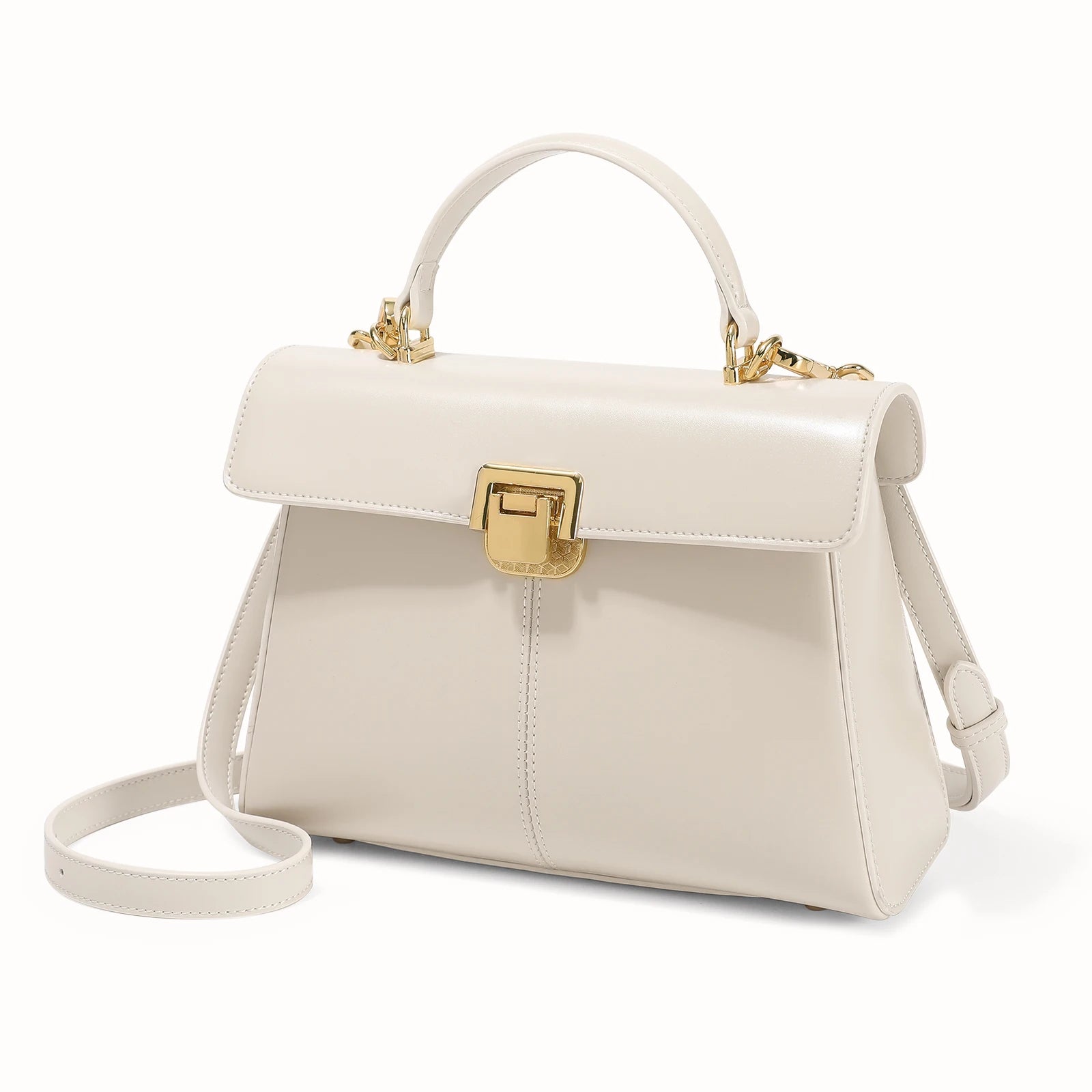 Genuine Leather Handbag with Gold Lock and Adjustable Strap