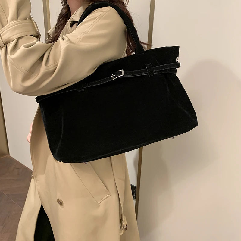 Suede Tote Bag with Leather Strap and Belt Detail with Silver-tone Hardware