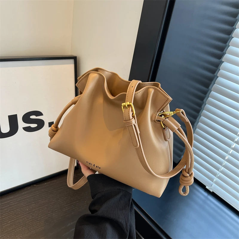 Leather Drawstring Shoulder Bag with Gold Hardware