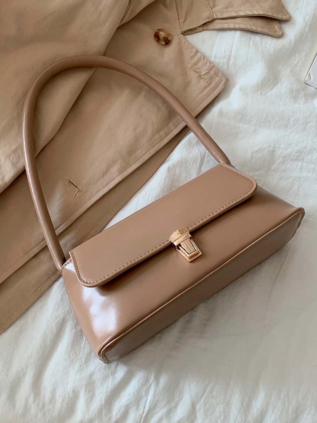Leather Baguette Bag with Detachable Strap and Gold Tone Lock